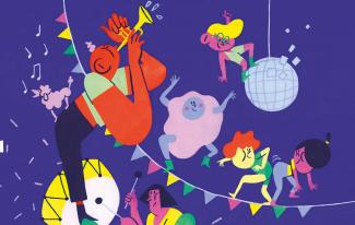 Visuel coloré montrant des personnages en train de danser, jouer de la musique et faire la fête